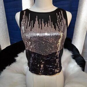 MXG Black Silver Sequined Sleeveless Keyhole Top | XS | Sparkle Glam EUC